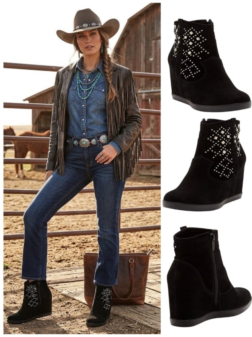 Studded Silver Black Western Kirby Embellished Wedge Boots Size 10 NEW NIB $79